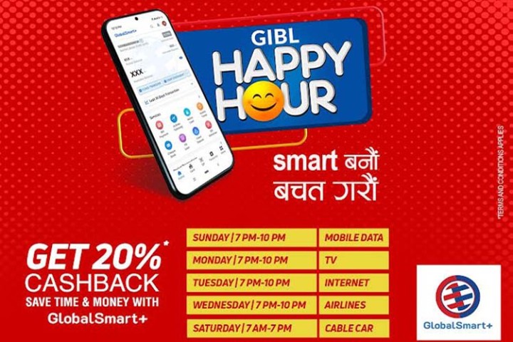 ग्लोबलआईएमई बैंकको हृयाप्पी आवर्स योजना, २० प्रतिशतसम्म क्यासब्याक पाइने